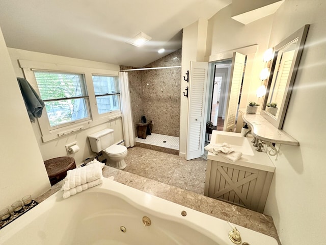 117 Parker Rd, Osterville, MA 02655 - bathroom with a stall shower, vaulted ceiling, toilet, vanity, and a whirlpool tub