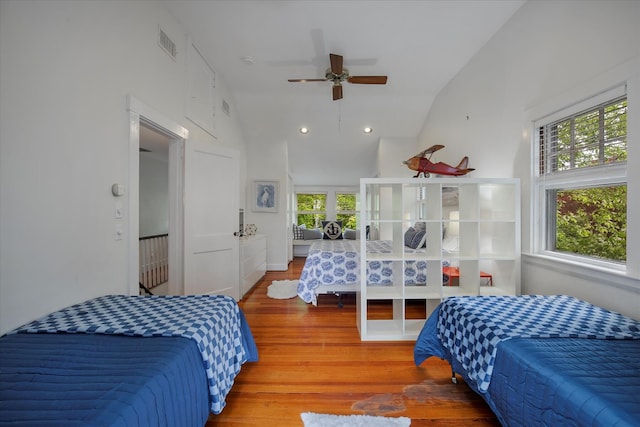 117 Parker Rd, Osterville, MA 02655 - bedroom featuring wood finished floors, vaulted ceiling, recessed lighting, and a ceiling fan