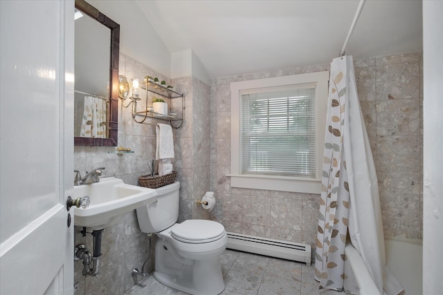 117 Parker Rd, Osterville, MA 02655 - bathroom featuring a baseboard radiator, tile walls, toilet, shower / bath combination with curtain, and tile patterned flooring