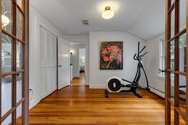 117 Parker Rd, Osterville, MA 02655 - workout area with light wood-type flooring, baseboards, vaulted ceiling, and french doors
