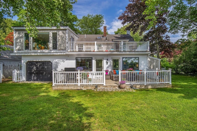 117 Parker Rd, Osterville, MA 02655 - rear view of property featuring a balcony, a garage, a lawn, a chimney, and a wooden deck