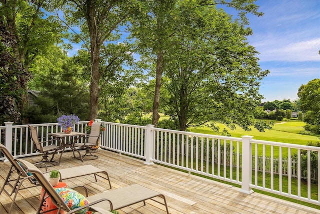 117 Parker Rd, Osterville, MA 02655 - wooden terrace with outdoor dining area, golf course view, view of wooded area, and a lawn