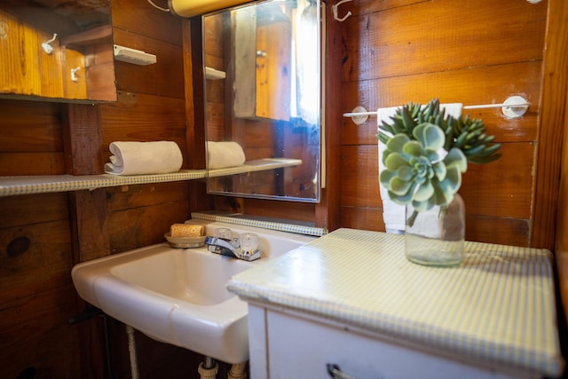 bathroom featuring sink and wooden walls