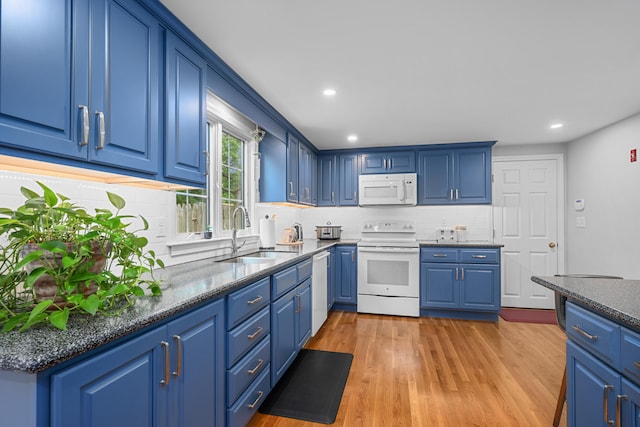 12 Copley Pl, South Yarmouth, MA 02664 - kitchen with white appliances, blue cabinets, tasteful backsplash, light wood finished floors, and recessed lighting