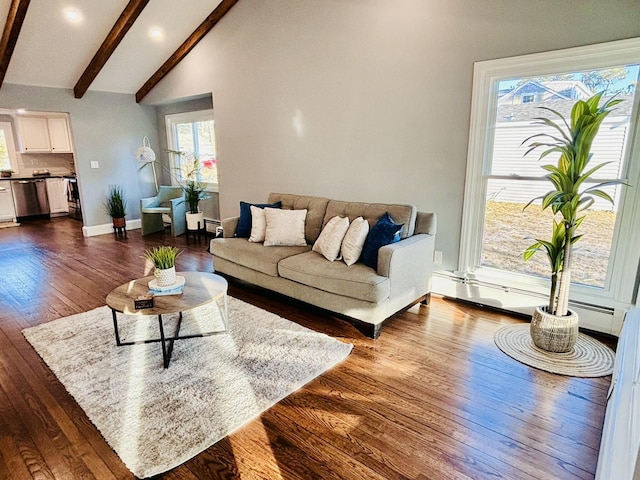 living area featuring baseboards, lofted ceiling with beams, recessed lighting, dark wood-type flooring, and a baseboard radiator