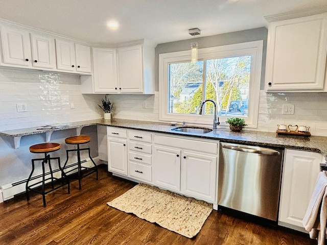 kitchen featuring dishwasher, a sink, white cabinetry, and dark wood-style flooring