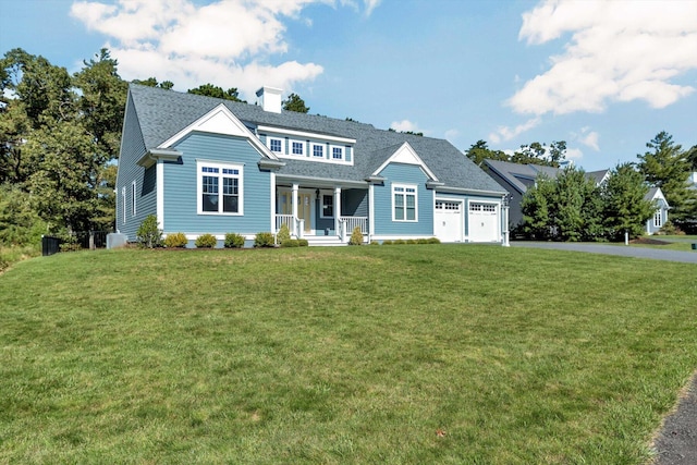 view of front of house featuring a porch, a garage, and a front lawn