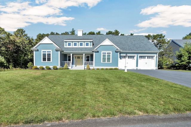 view of front of property featuring a garage, a front lawn, and covered porch