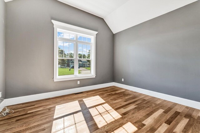 spare room featuring wood-type flooring and lofted ceiling