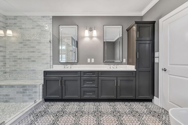 bathroom featuring tile patterned floors, vanity, ornamental molding, and independent shower and bath