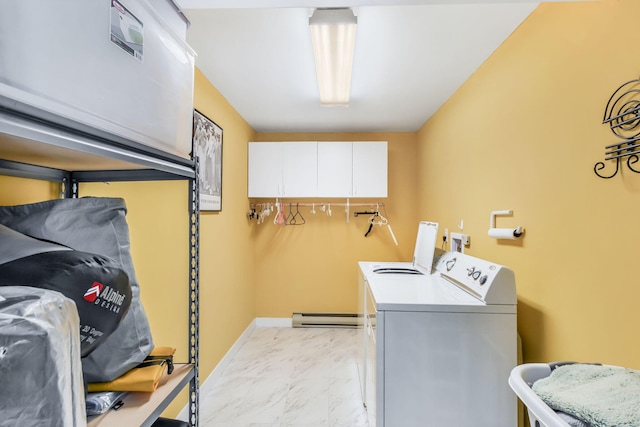 240 Surf Dr, Mashpee, MA 02649 - laundry room with washer and dryer, cabinet space, light marble finish flooring, baseboard heating, and baseboards