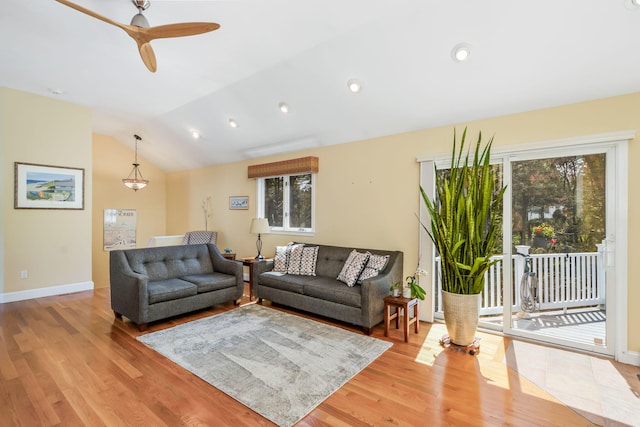 240 Surf Dr, Mashpee, MA 02649 - living room featuring light wood-type flooring, vaulted ceiling, ceiling fan, baseboards, and recessed lighting