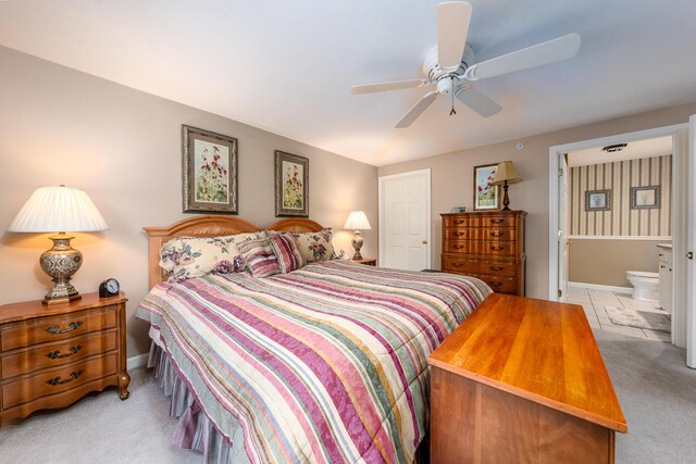 151 Leisure Green Dr N, Mashpee, MA 02649 - bedroom featuring light carpet, connected bathroom, and a ceiling fan