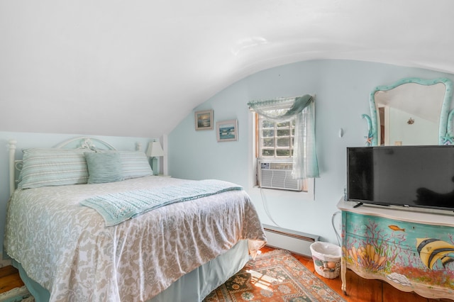 64 Riverside Dr, West Harwich, MA 02671 - bedroom featuring baseboard heating, lofted ceiling, wood finished floors, and cooling unit