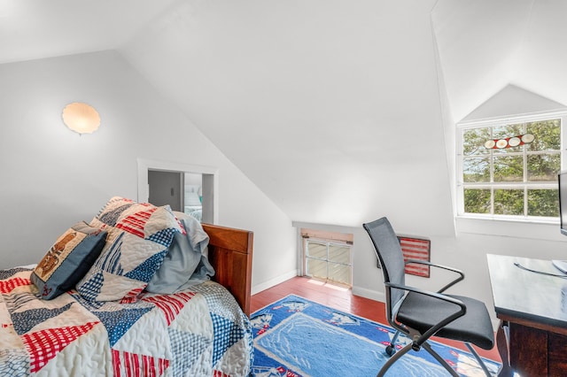 64 Riverside Dr, West Harwich, MA 02671 - bedroom with lofted ceiling, wood finished floors, and baseboards