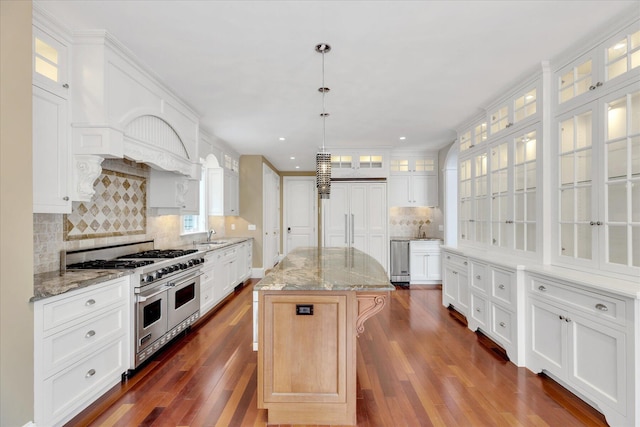24 Pleasant Park Dr, Mashpee, MA 02649 - kitchen featuring double oven range, dark wood finished floors, a kitchen island, decorative backsplash, and glass insert cabinets