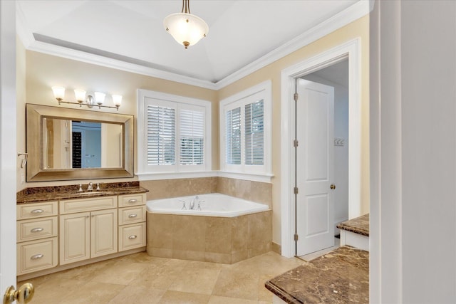 24 Pleasant Park Dr, Mashpee, MA 02649 - bathroom with a garden tub, vanity, and crown molding