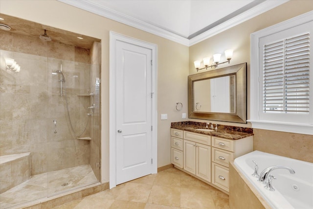 24 Pleasant Park Dr, Mashpee, MA 02649 - full bath featuring a jetted tub, a stall shower, crown molding, vanity, and tile patterned floors