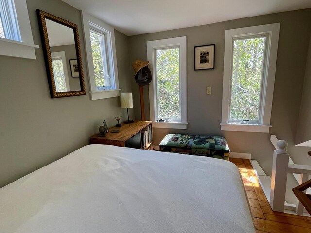bedroom with multiple windows and wood finished floors