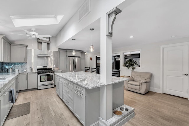 kitchen featuring a center island, appliances with stainless steel finishes, and gray cabinets