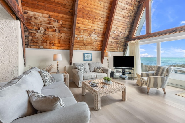 133 Breakwater Shores Dr, Hyannis, MA 02601 - living room with beamed ceiling, wood finished floors, and high vaulted ceiling