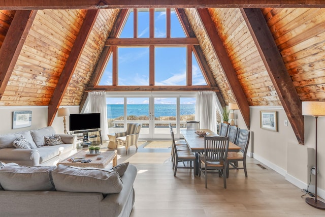 133 Breakwater Shores Dr, Hyannis, MA 02601 - living area featuring beamed ceiling, wooden ceiling, and baseboards