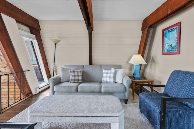 133 Breakwater Shores Dr, Hyannis, MA 02601 - living room with a baseboard radiator, wooden walls, wood finished floors, and beamed ceiling
