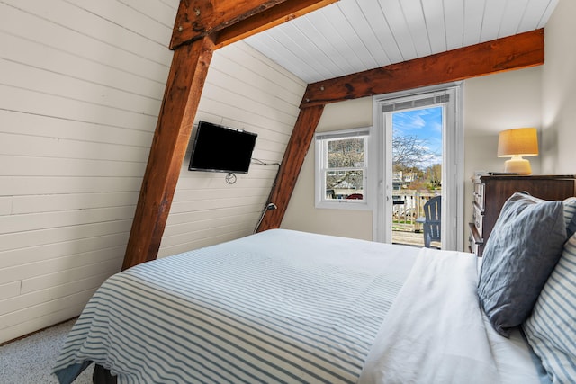 133 Breakwater Shores Dr, Hyannis, MA 02601 - bedroom featuring carpet, access to exterior, and beam ceiling