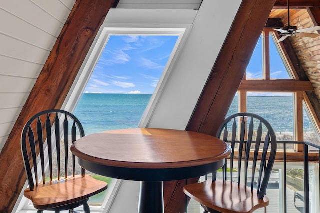 133 Breakwater Shores Dr, Hyannis, MA 02601 - dining area featuring a water view and ceiling fan