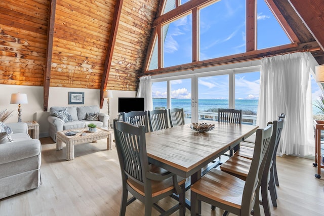 133 Breakwater Shores Dr, Hyannis, MA 02601 - dining area with beamed ceiling, plenty of natural light, high vaulted ceiling, and light wood finished floors