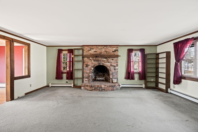 unfurnished living room featuring a brick fireplace, plenty of natural light, and a baseboard radiator