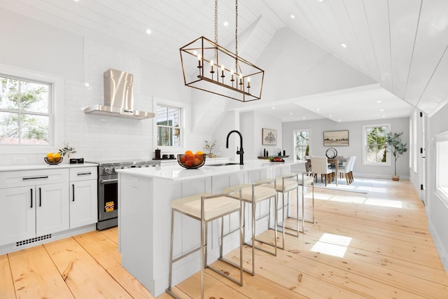 kitchen featuring light wood finished floors, visible vents, wall chimney range hood, stainless steel range with electric stovetop, and a sink