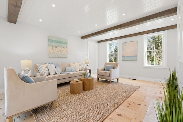 living room featuring recessed lighting, wood-type flooring, visible vents, and beamed ceiling