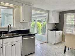 2 Spinning Brook Rd, South Yarmouth, MA 02664 - kitchen with dishwasher, plenty of natural light, dark countertops, and white cabinets