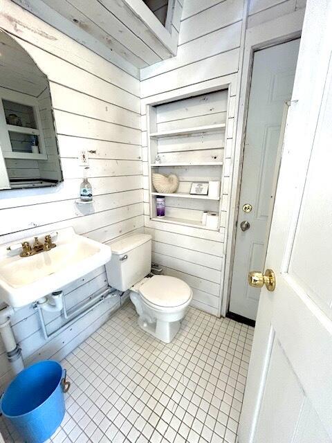 bathroom with sink, toilet, and wooden walls