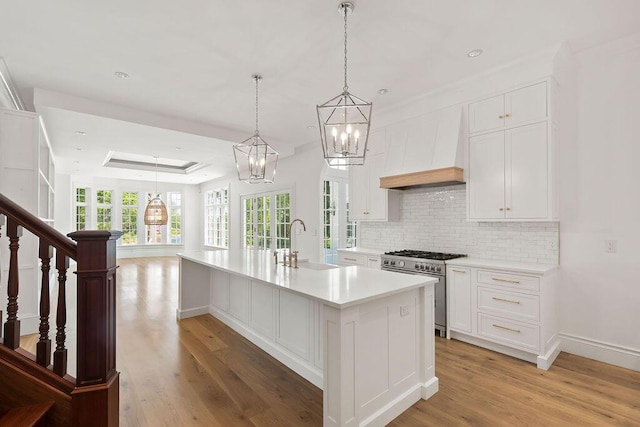 kitchen with high end stainless steel range oven, sink, white cabinets, and an island with sink