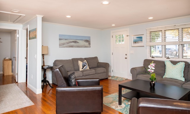 56 S Yarmouth Rd, Dennis, MA 02638 - living area featuring attic access, wood finished floors, crown molding, baseboards, and recessed lighting