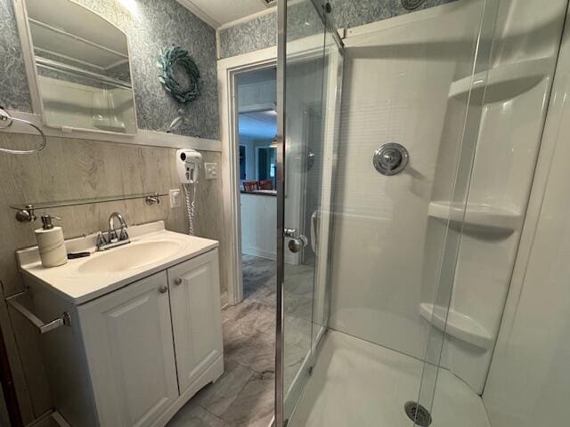 9 Bayberry Ln, South Dennis, MA 02660 - bathroom featuring a shower stall, marble finish floors, and vanity