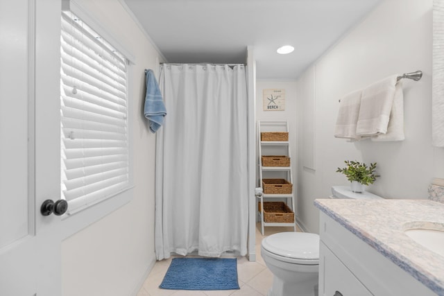 bathroom with walk in shower, toilet, tile patterned floors, and vanity