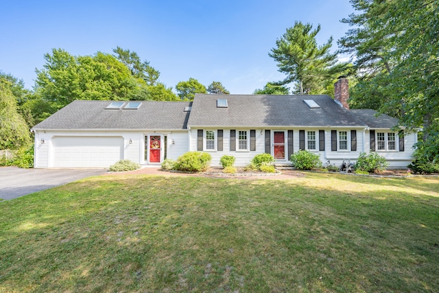 65 Hadrada Ln, Centerville, MA 02632 - view of front of property with asphalt driveway, a chimney, an attached garage, a front yard, and roof with shingles
