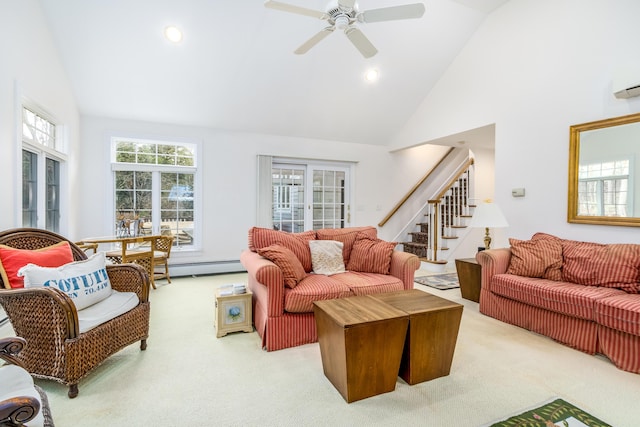 living room with ceiling fan, light colored carpet, high vaulted ceiling, and a baseboard heating unit