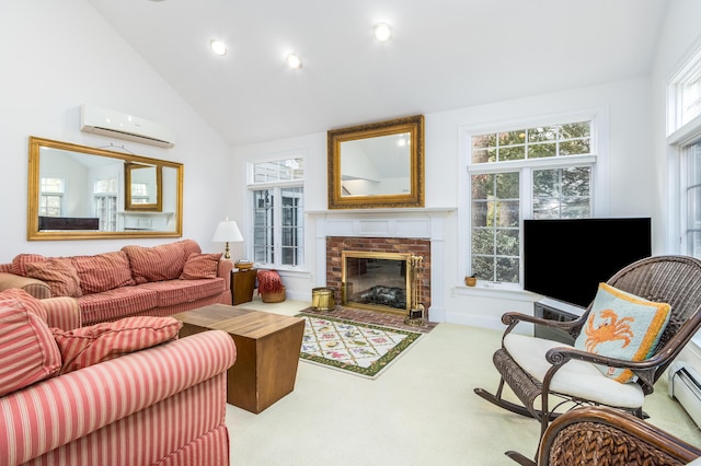 living room with baseboard heating, high vaulted ceiling, a wall mounted AC, a brick fireplace, and light colored carpet