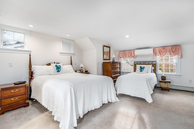 bedroom with multiple windows, carpet floors, a wall unit AC, and vaulted ceiling