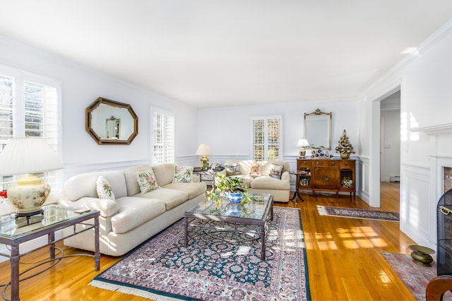 living room with wood-type flooring, crown molding, and a fireplace