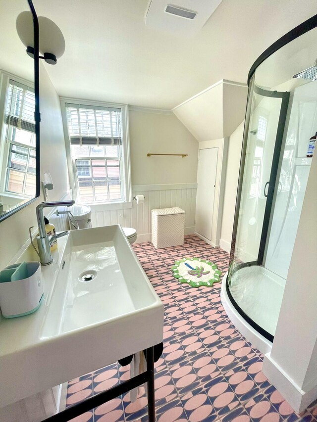 54 Commercial St Unit 3, 4, 5, 6, Provincetown, MA 02657 - full bath featuring wainscoting, tile patterned floors, vaulted ceiling, and a shower stall