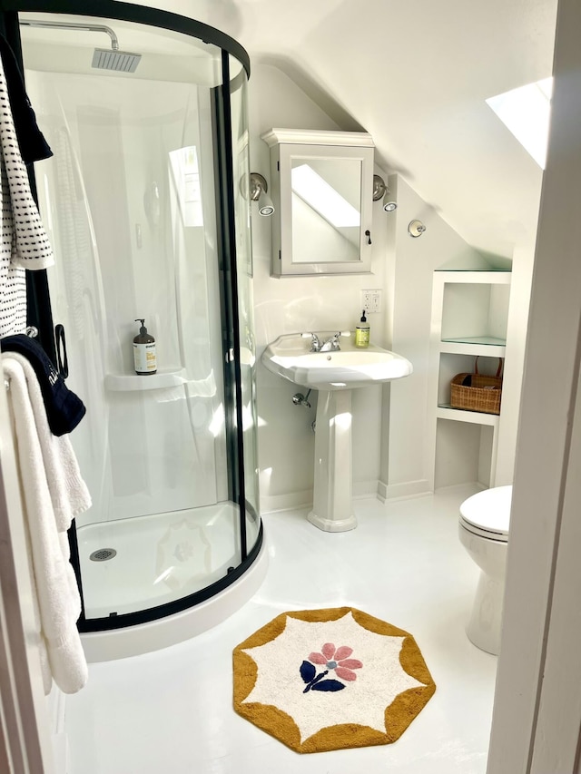 54 Commercial St Unit 3, 4, 5, 6, Provincetown, MA 02657 - full bathroom featuring toilet, vaulted ceiling, and a stall shower