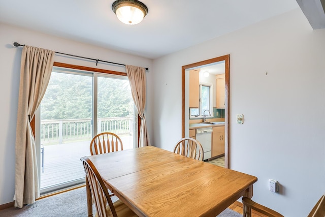 carpeted dining area featuring sink