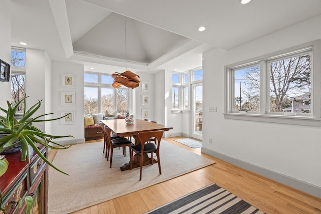 2 Seaview Rd, Orleans, MA 02653 - dining space with baseboards, wood finished floors, a raised ceiling, and a healthy amount of sunlight
