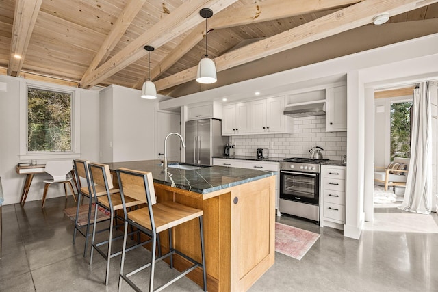 2 Seaview Rd, Orleans, MA 02653 - kitchen with finished concrete flooring, dark countertops, stainless steel appliances, wooden ceiling, and tasteful backsplash
