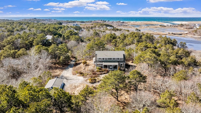 drone / aerial view with a water view